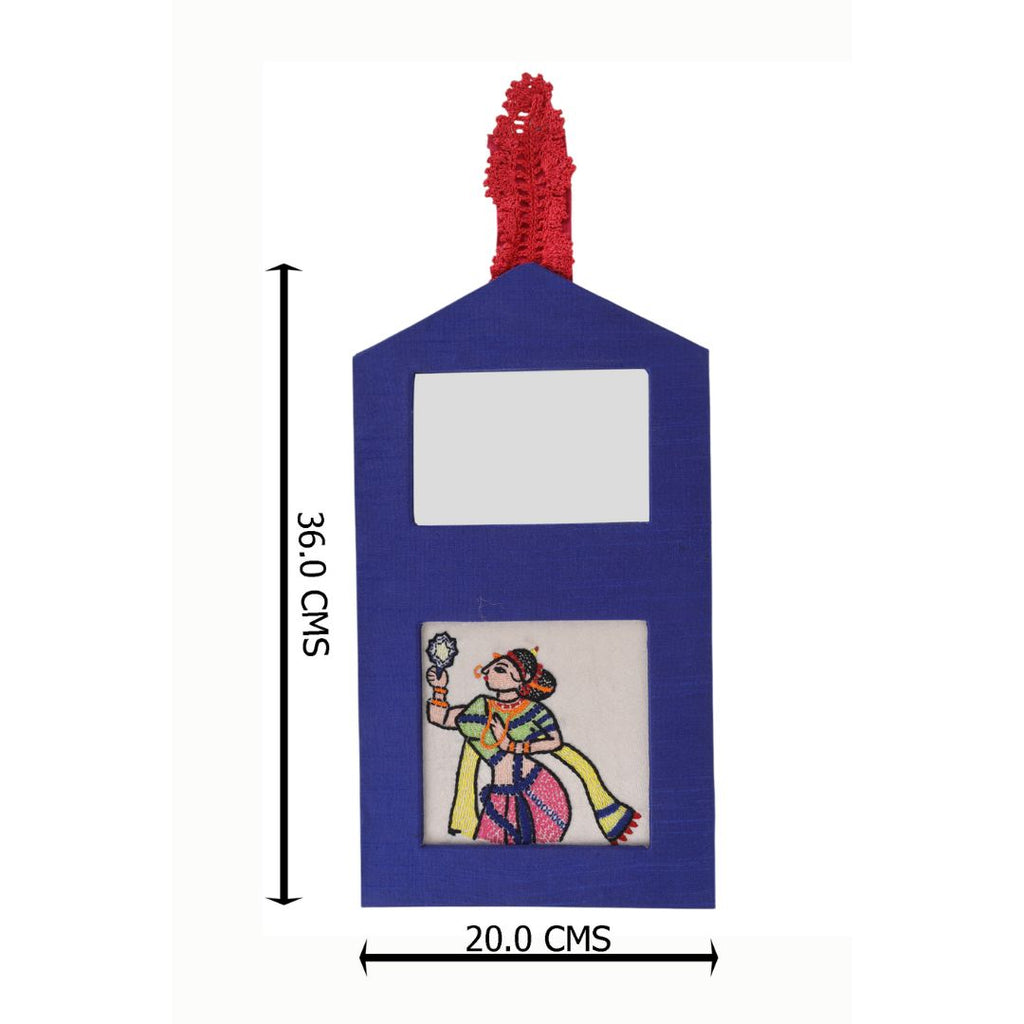 Indha Wall Hanging – Embroidered Lady Holding a Mirror | Real Mirror Accent | Handcrafted on Repurposed Wood | Reflective &amp; Regal Decor
