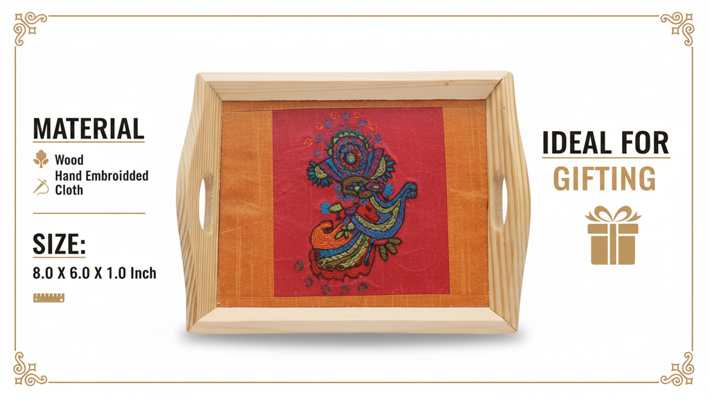 Eco-Chic Elegance: Indha Hand Embroidered Abstract Flower Motif Pine Wood Tray | Décor| Artisanal | Handmade