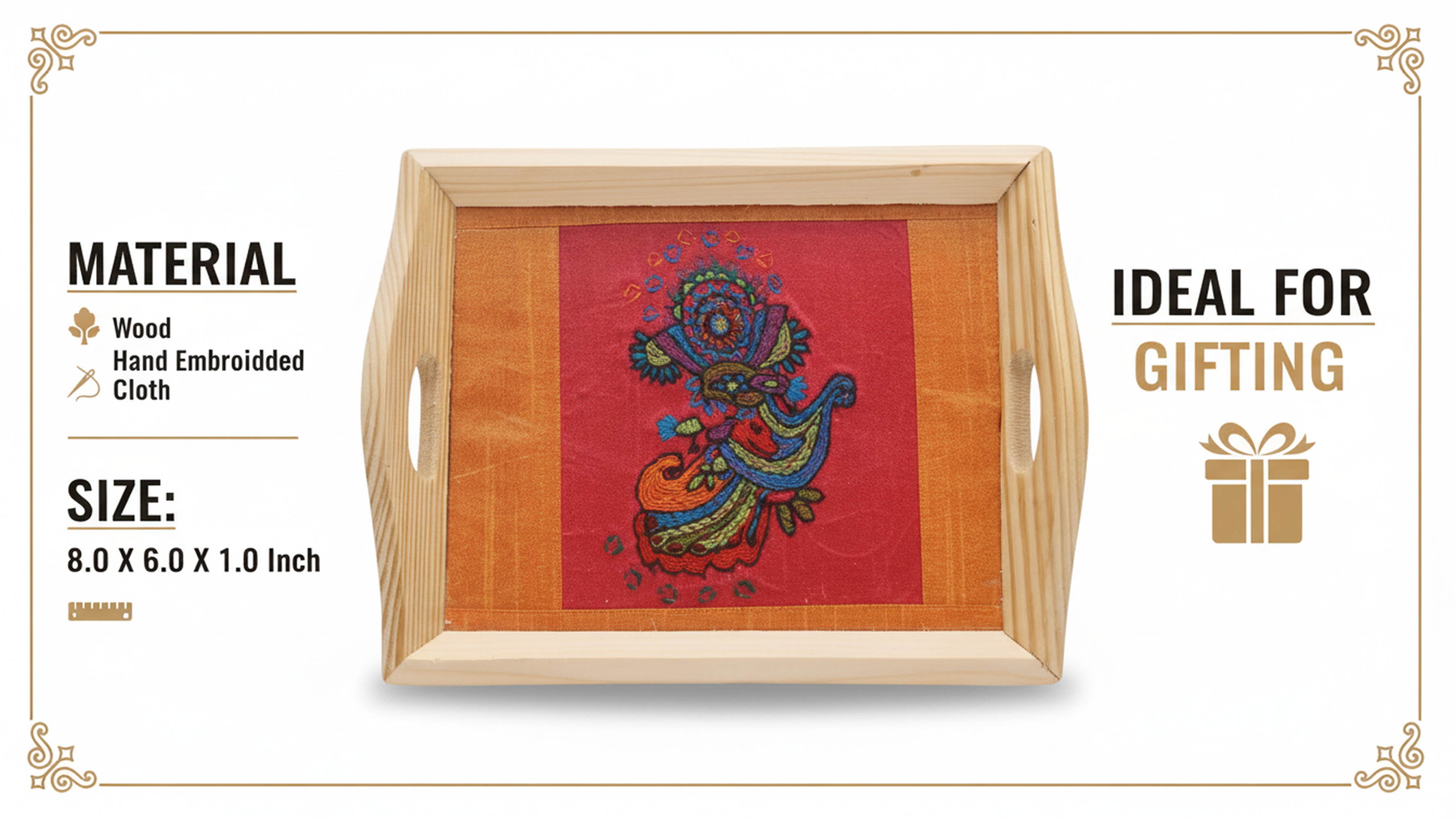 Eco-Chic Elegance: Indha Hand Embroidered Abstract Flower Motif Pine Wood Tray | Décor| Artisanal | Handmade