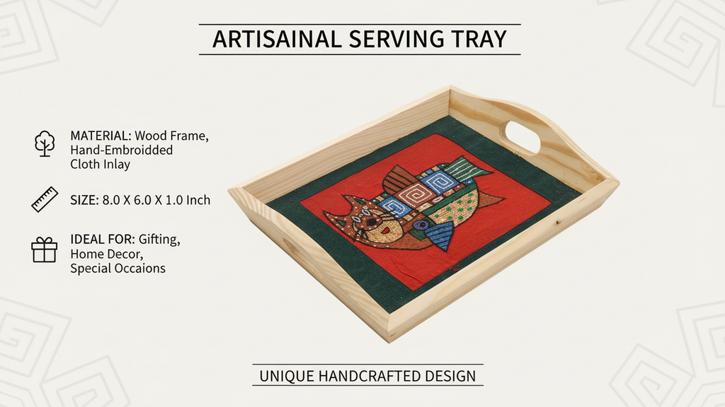 Indha Eco-Friendly Hand Embroidered Cat-Fish Motif Pine Wood Tray – Sustainable Artisanal Decor Gift