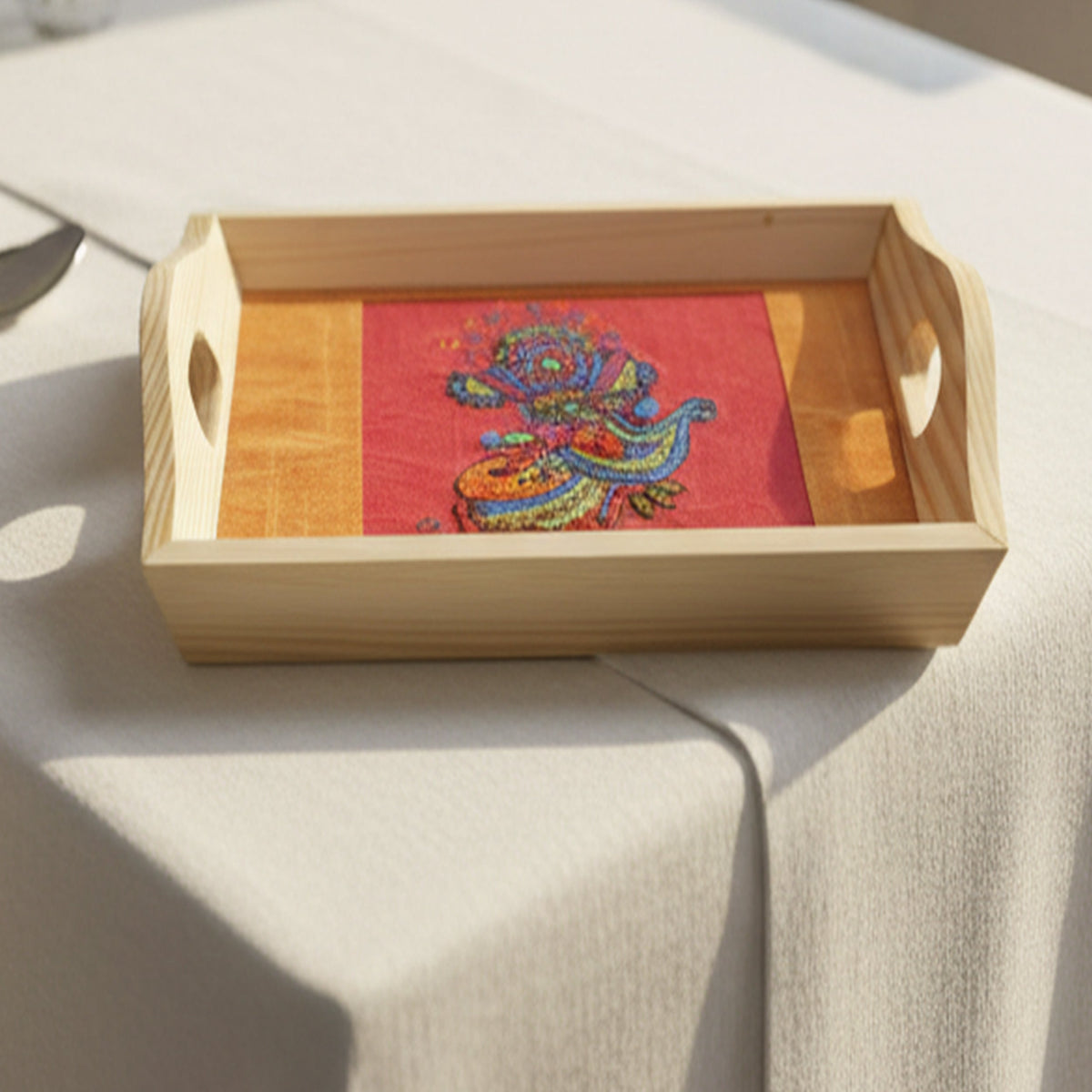Eco-Chic Elegance: Indha Hand Embroidered Abstract Flower Motif Pine Wood Tray | Décor| Artisanal | Handmade