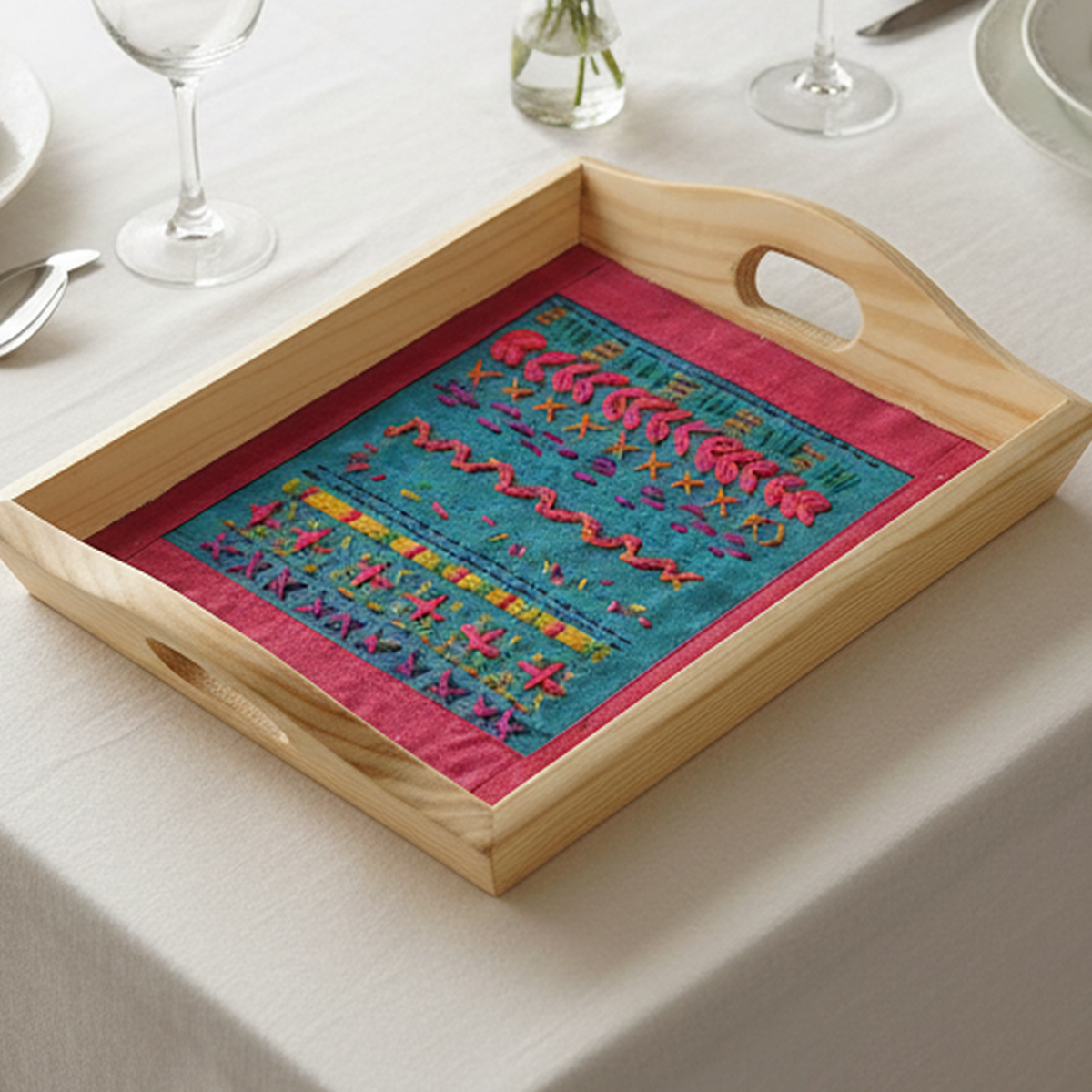 Indha Hand Embroidered Patchwork Motif Tray | Dupion Silk Pine Wood Wooden Serving & Decorative Tray