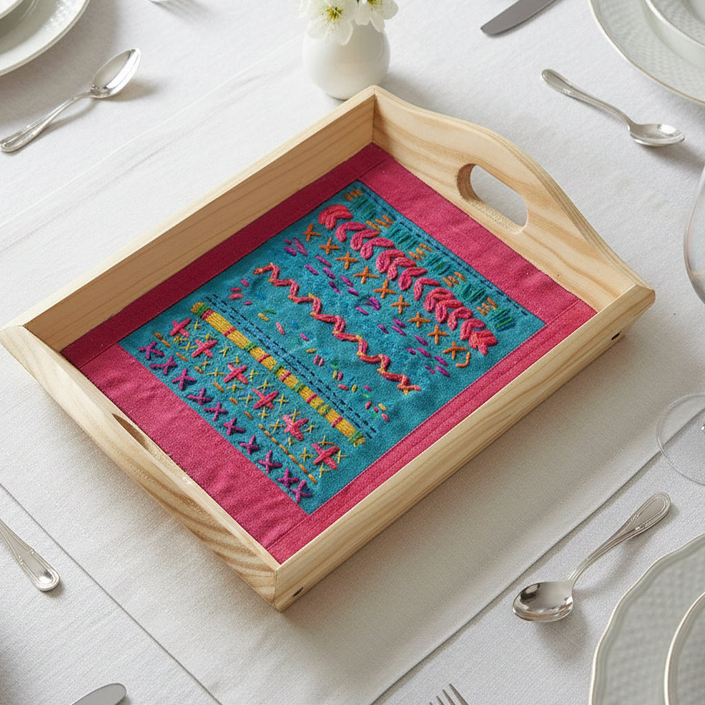 Indha Hand Embroidered Patchwork Motif Tray | Dupion Silk Pine Wood Wooden Serving & Decorative Tray