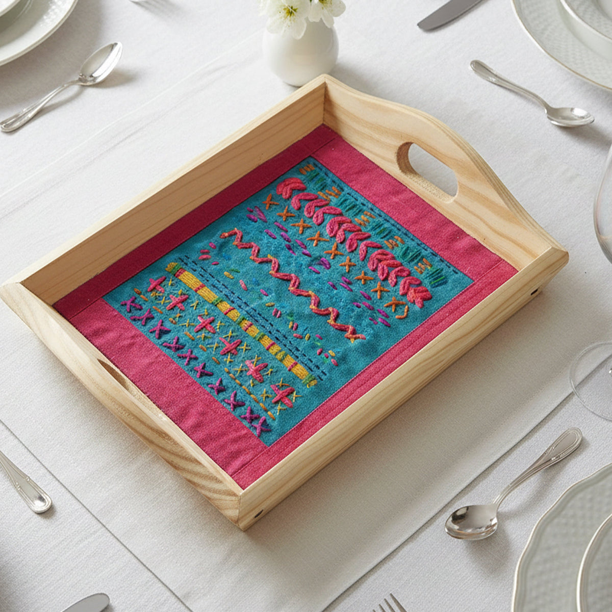 Indha Hand Embroidered Patchwork Motif Tray | Dupion Silk Pine Wood Wooden Serving & Decorative Tray