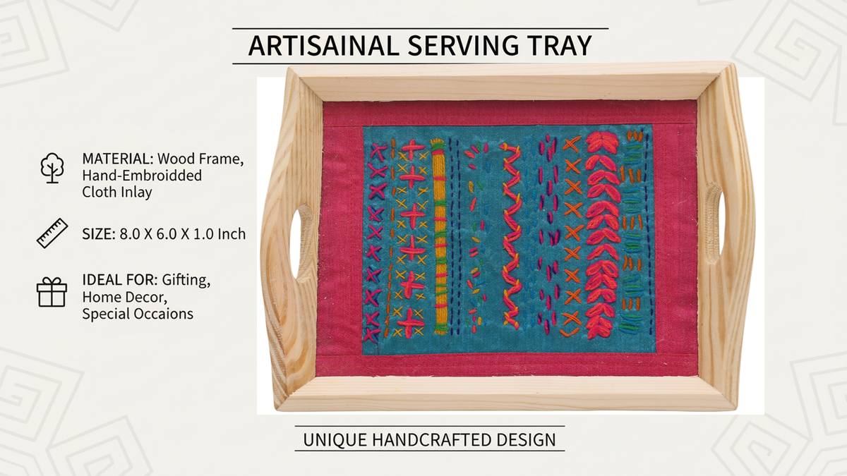 Indha Hand Embroidered Patchwork Motif Tray | Dupion Silk Pine Wood Wooden Serving & Decorative Tray