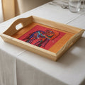 Indha Hand Embroidered Twin Horse Motif Pine Wood Tray | Dupian Silk | Handmade | Artisanal Gift