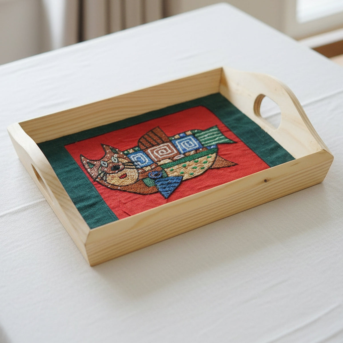 Indha Eco-Friendly Hand Embroidered Cat-Fish Motif Pine Wood Tray – Sustainable Artisanal Decor Gift