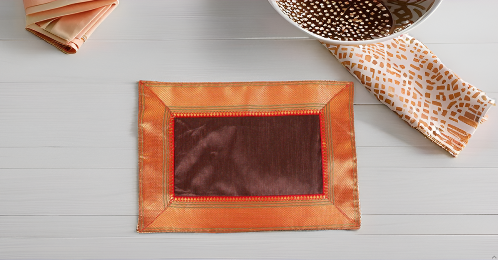 Indha Maroon Dupion Silk Table Runner & Mat Set with Golden Zari Border | Handmade Luxury Dining Décor & Gifting