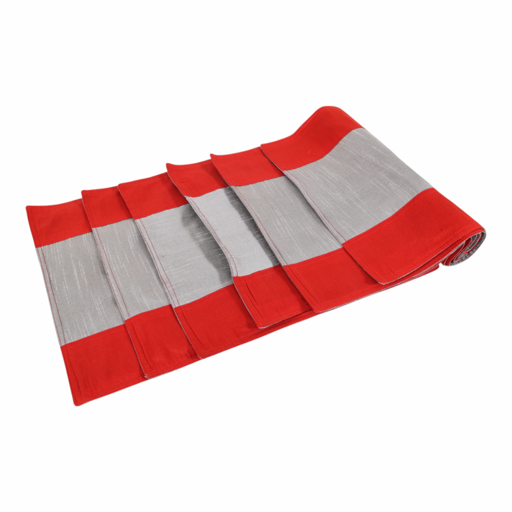 Indha Hand Embroidered Red &amp; Grey Dupion Silk Table Mat &amp; Runner Set – An Elegant and Timeless Dining Set for Special Occasions and Luxurious Home Decor | Gift | Festive Gifting | Unique Handmade | Exquisite Collections