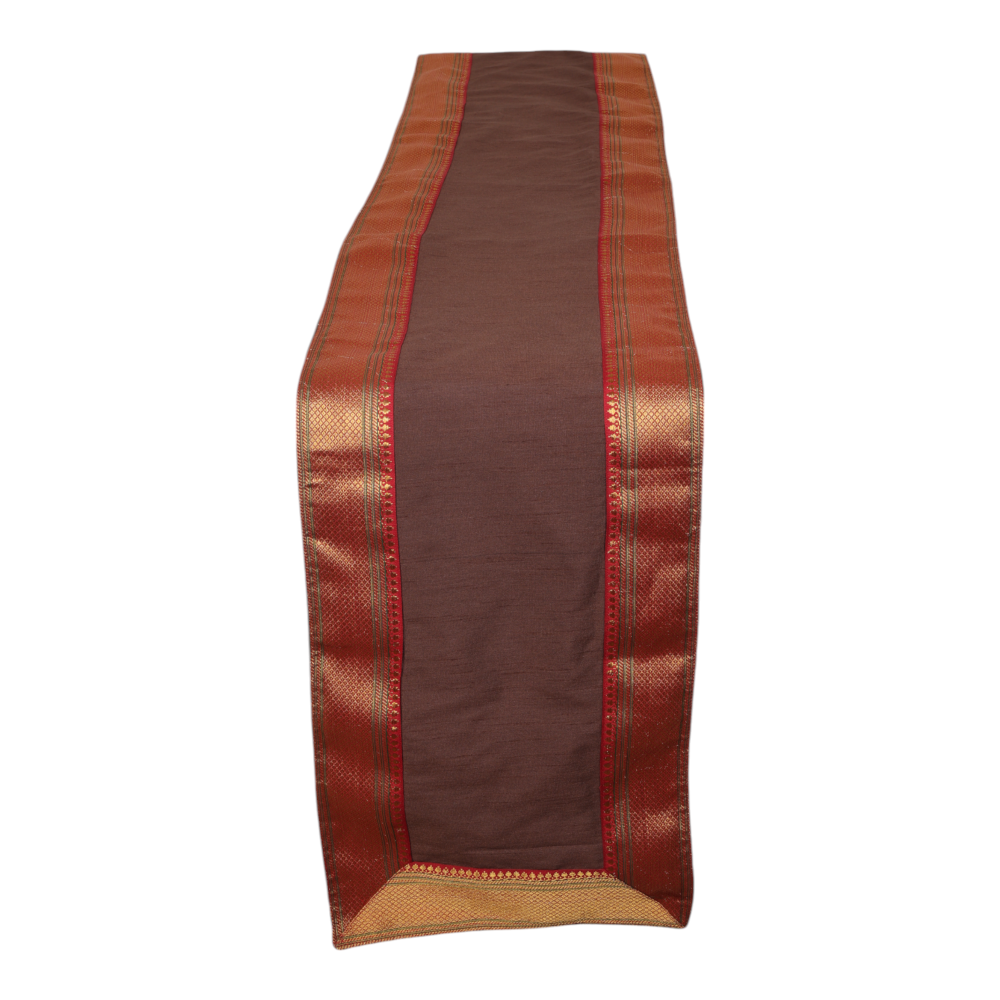 Indha Maroon Dupion Silk Table Runner & Mat Set with Golden Zari Border | Handmade Luxury Dining Décor & Gifting