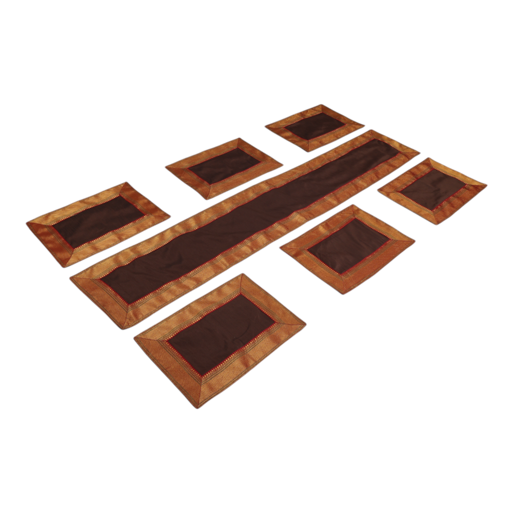 Indha Maroon Dupion Silk Table Runner & Mat Set with Golden Zari Border | Handmade Luxury Dining Décor & Gifting