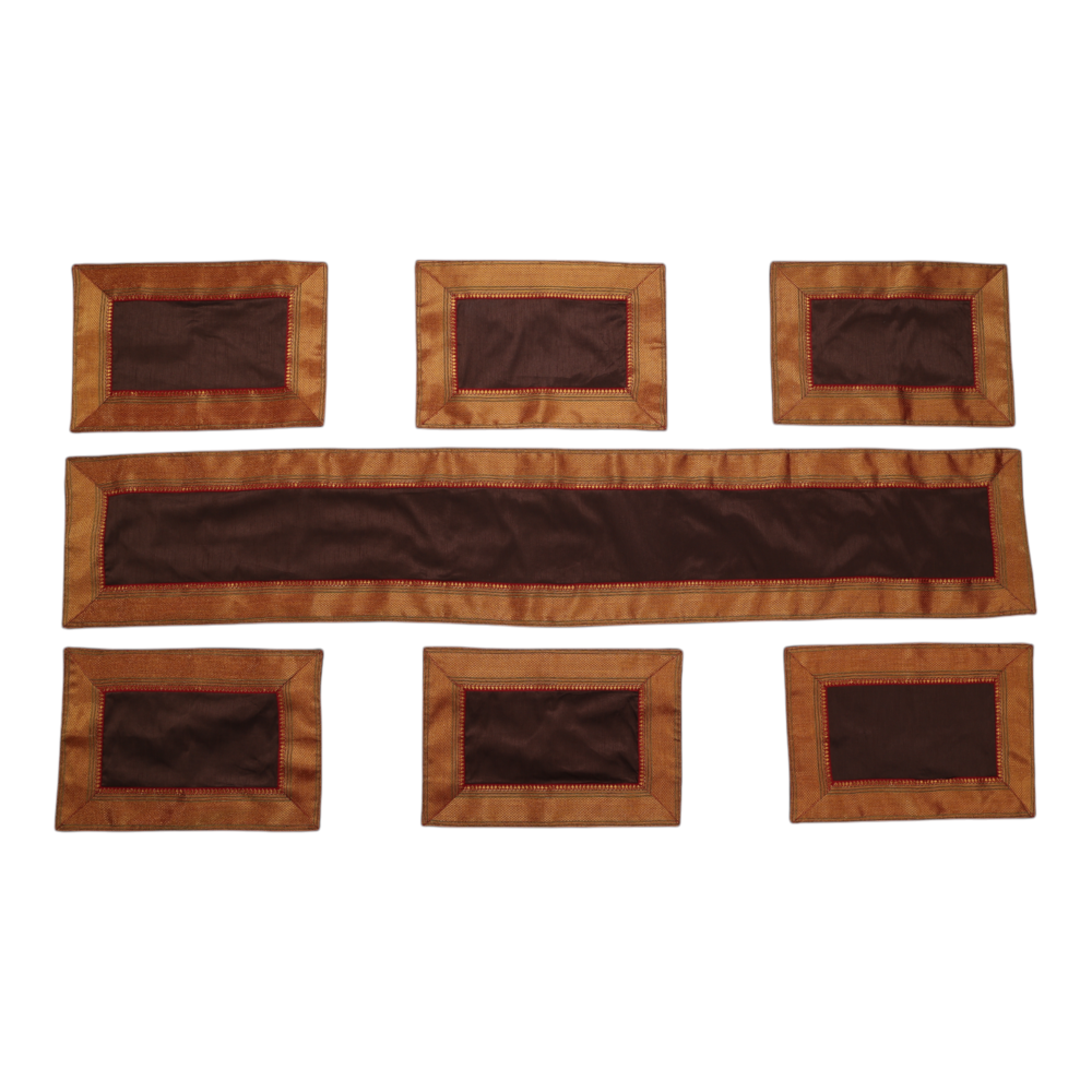 Indha Maroon Dupion Silk Table Runner & Mat Set with Golden Zari Border | Handmade Luxury Dining Décor & Gifting