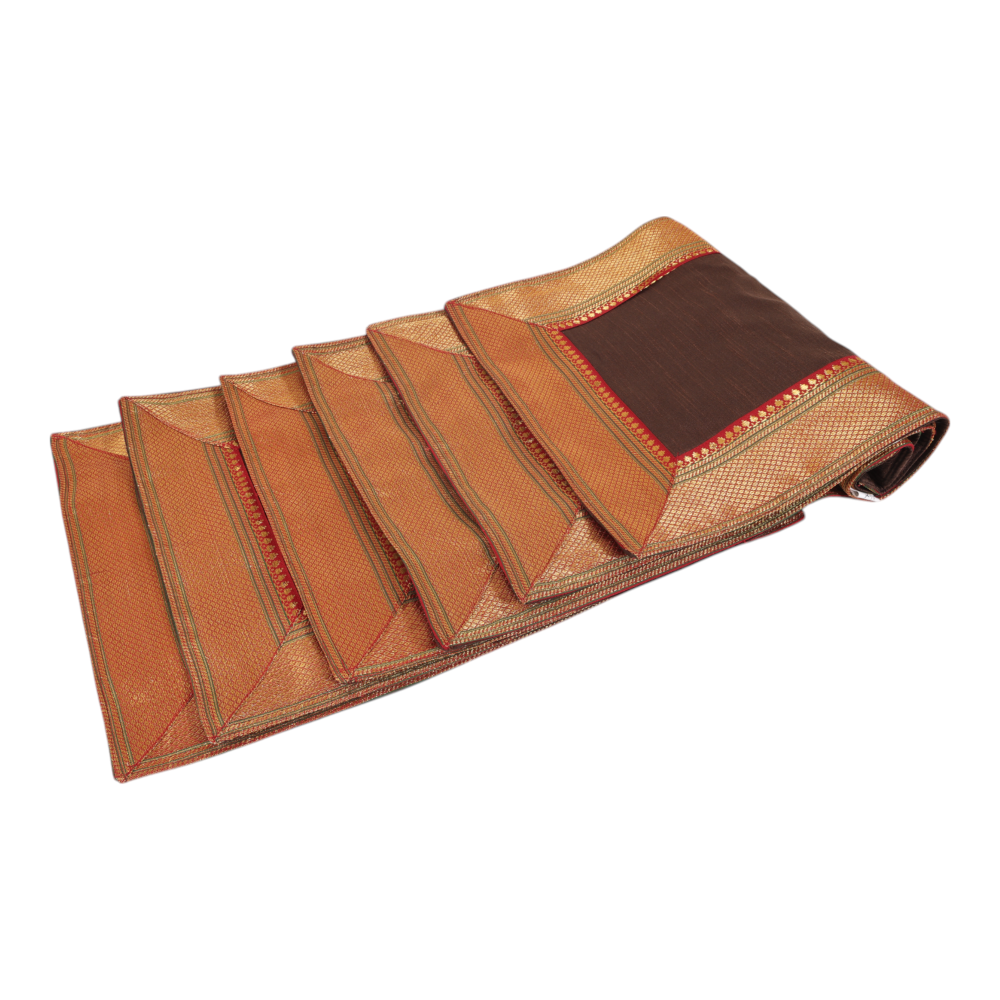 Indha Maroon Dupion Silk Table Runner & Mat Set with Golden Zari Border | Handmade Luxury Dining Décor & Gifting