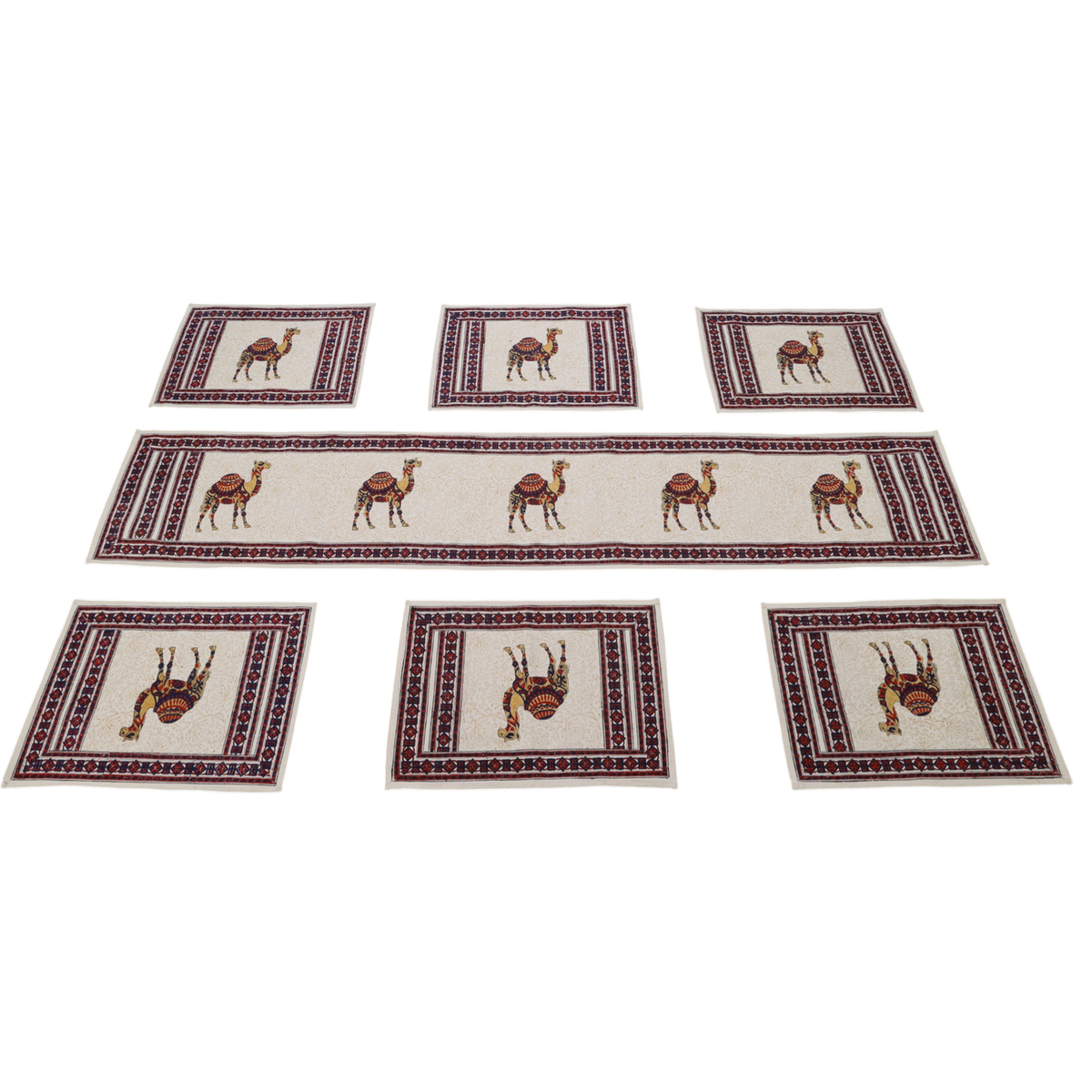 Indha Hand Block Printed Table Runner & Placemat Set – 7-Piece Dining Table Linen Collection