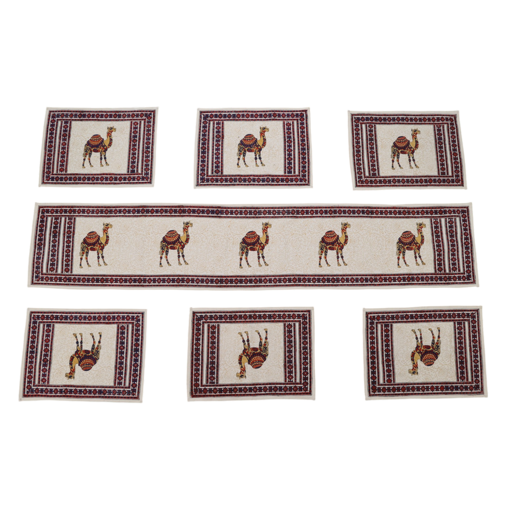 Indha Hand Block Printed Table Runner & Placemat Set – 7-Piece Dining Table Linen Collection