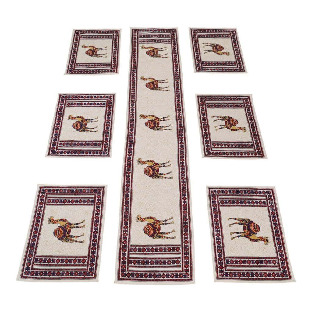 Indha Hand Block Printed Table Runner & Placemat Set – 7-Piece Dining Table Linen Collection