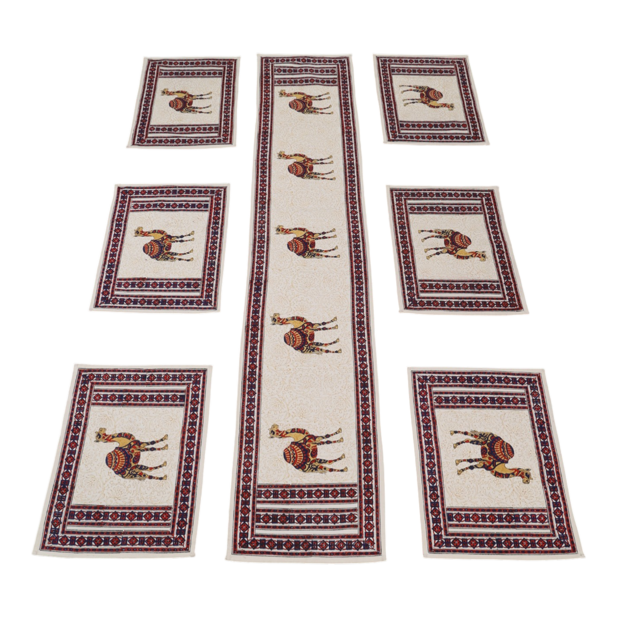 Indha Hand Block Printed Table Runner & Placemat Set – 7-Piece Dining Table Linen Collection