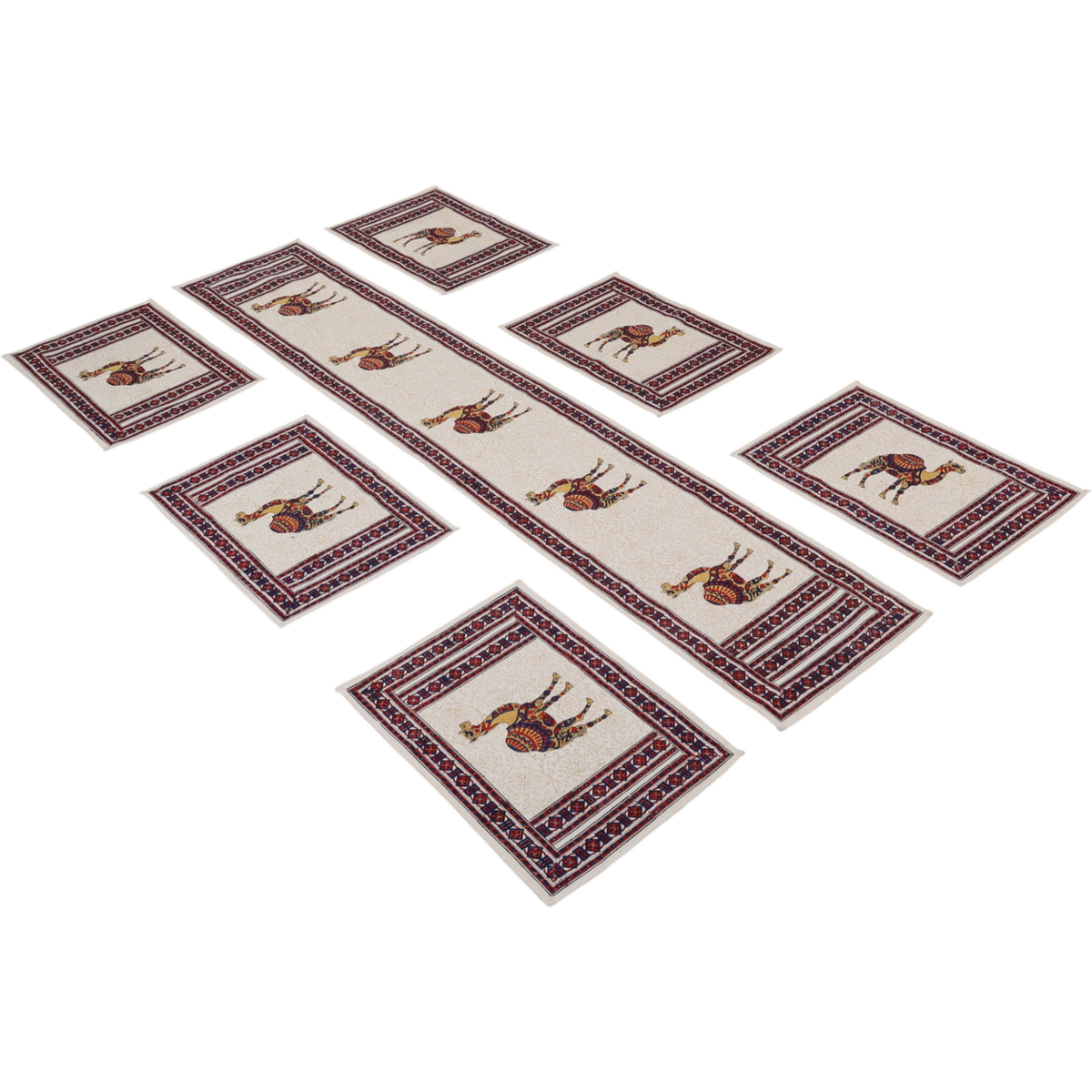 Indha Hand Block Printed Table Runner & Placemat Set – 7-Piece Dining Table Linen Collection