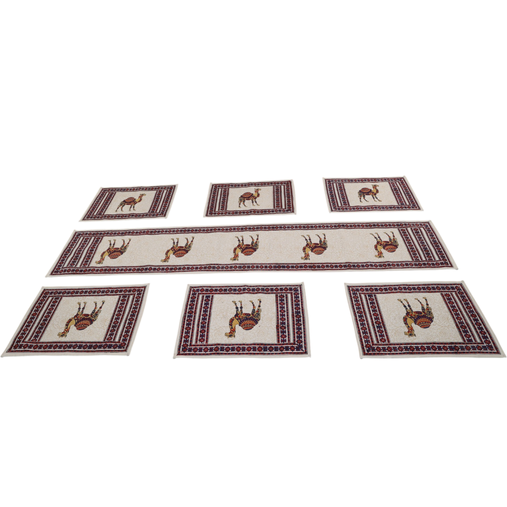 Indha Hand Block Printed Table Runner & Placemat Set – 7-Piece Dining Table Linen Collection