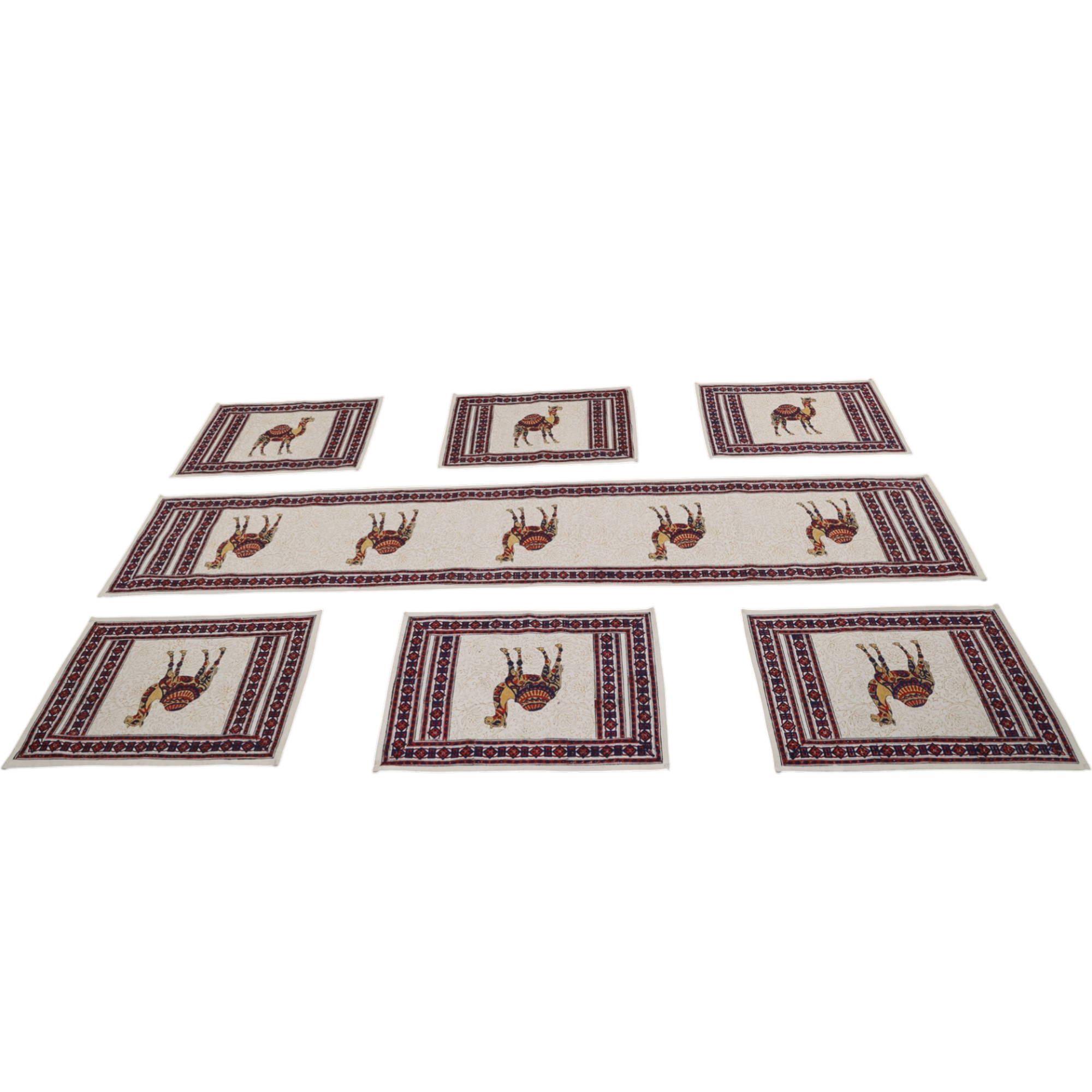 Indha Hand Block Printed Table Runner & Placemat Set – 7-Piece Dining Table Linen Collection