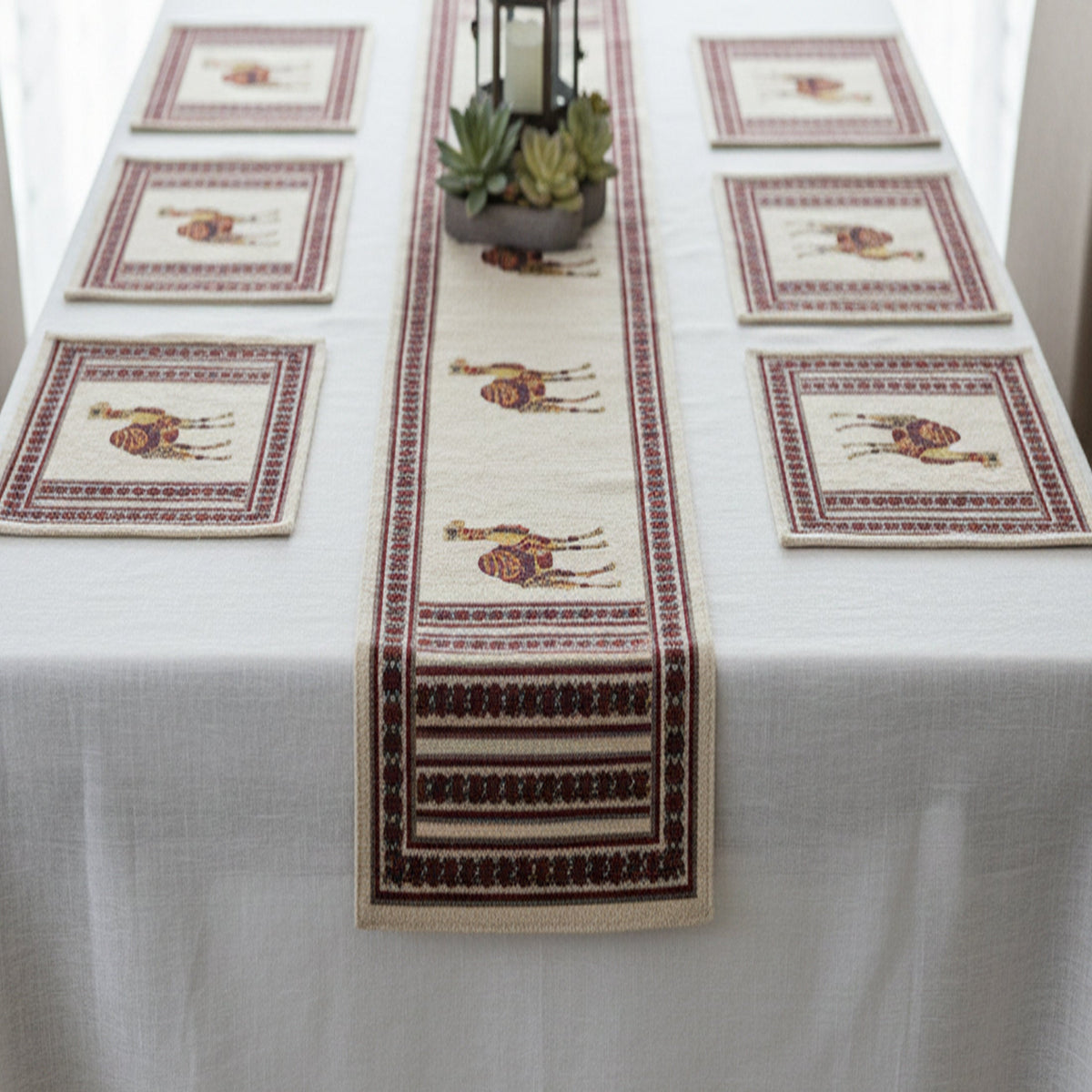 Indha Hand Block Printed Table Runner & Placemat Set – 7-Piece Dining Table Linen Collection