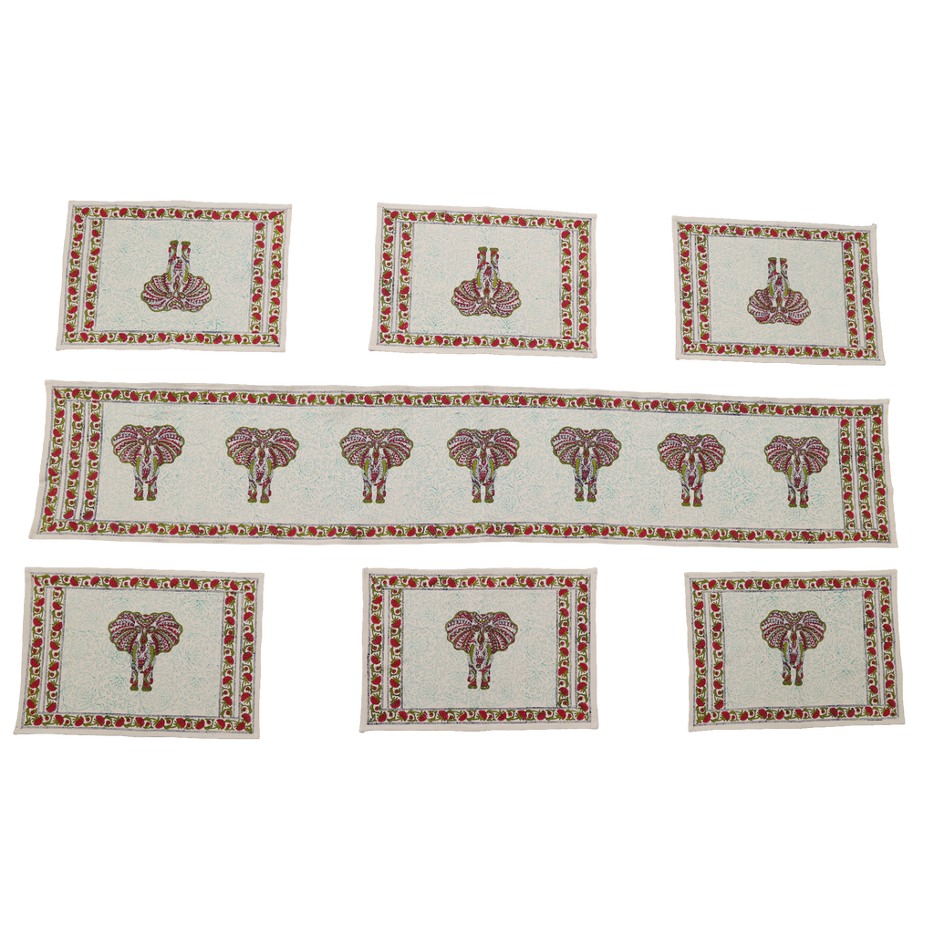 Indha Hand Block Printed Table Runner & Placemat Set – 7-Piece Dining Table Linen Collection