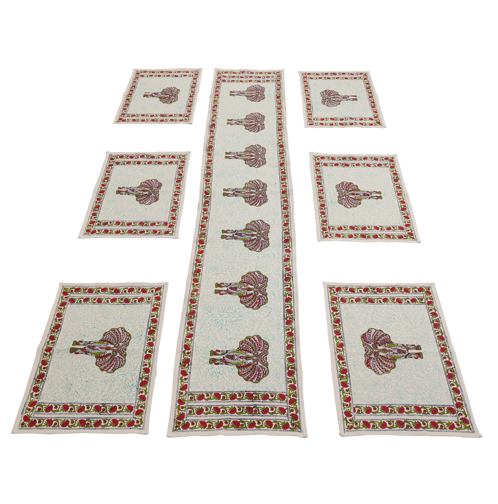 Indha Hand Block Printed Table Runner & Placemat Set – 7-Piece Dining Table Linen Collection