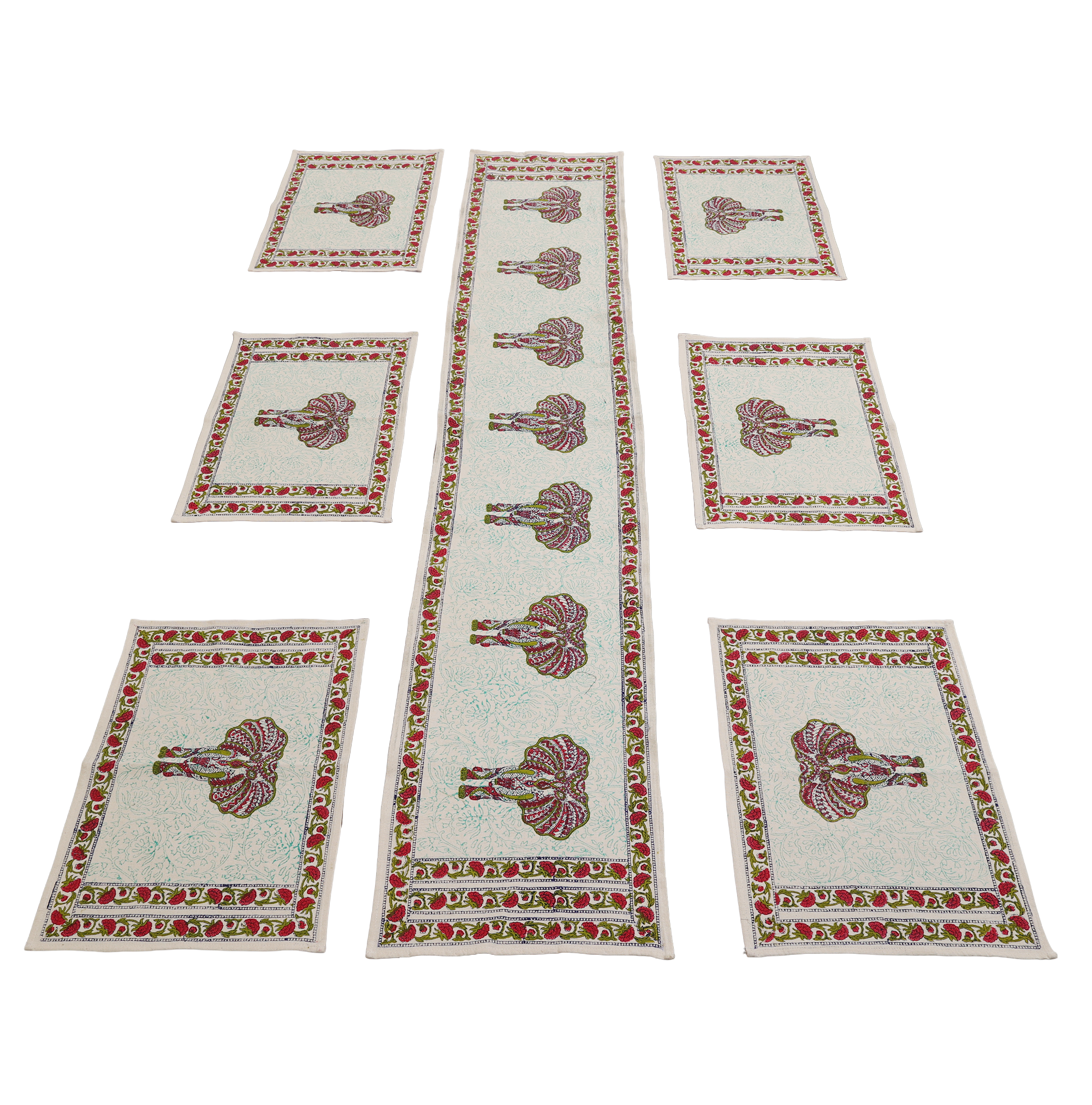 Indha Hand Block Printed Table Runner & Placemat Set – 7-Piece Dining Table Linen Collection
