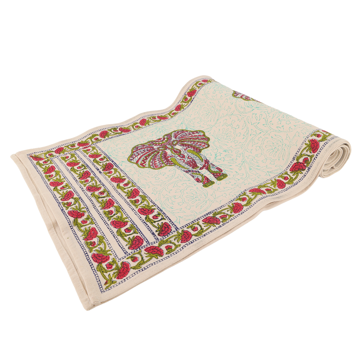 Indha Hand Block Printed Table Runner & Placemat Set – 7-Piece Dining Table Linen Collection