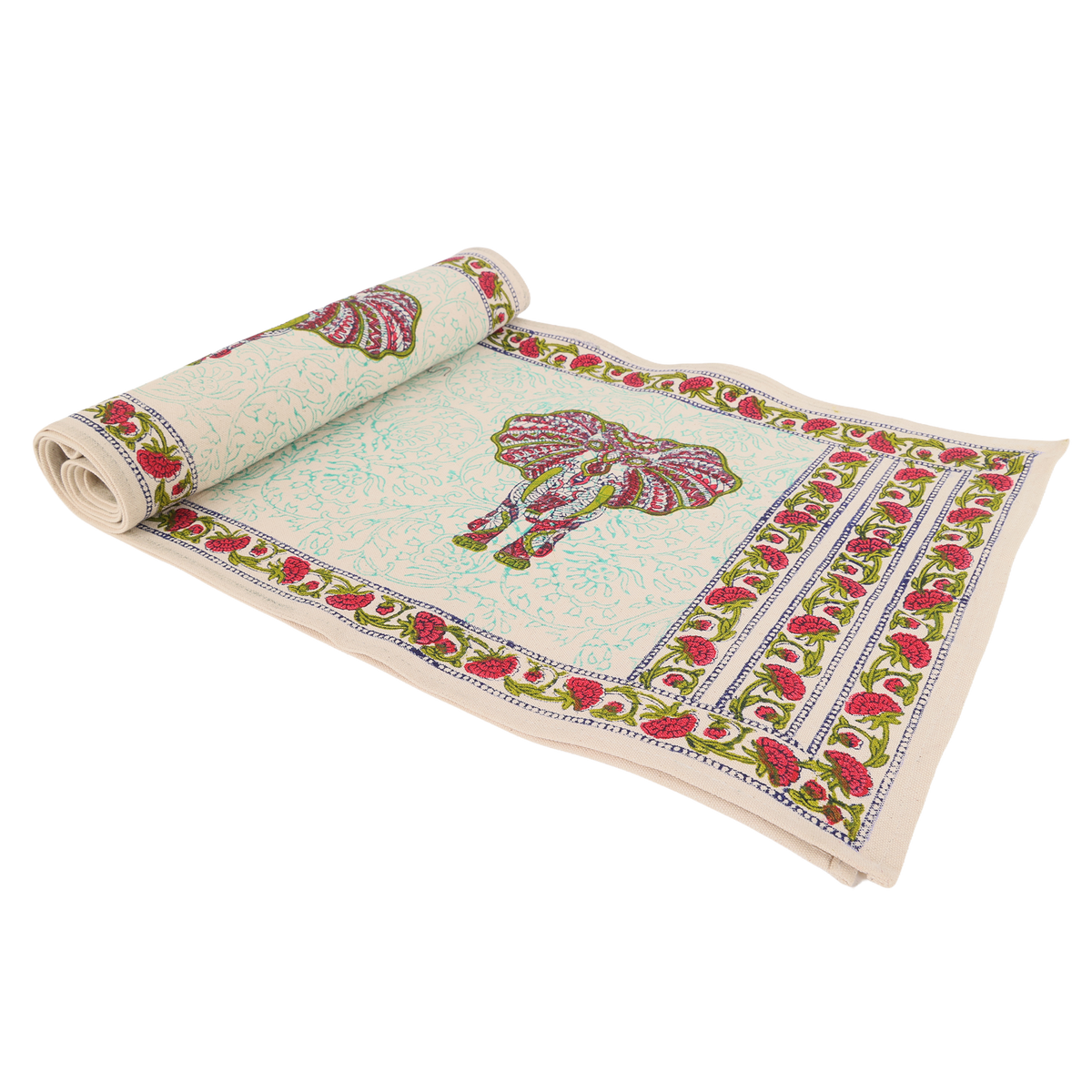 Indha Hand Block Printed Table Runner & Placemat Set – 7-Piece Dining Table Linen Collection
