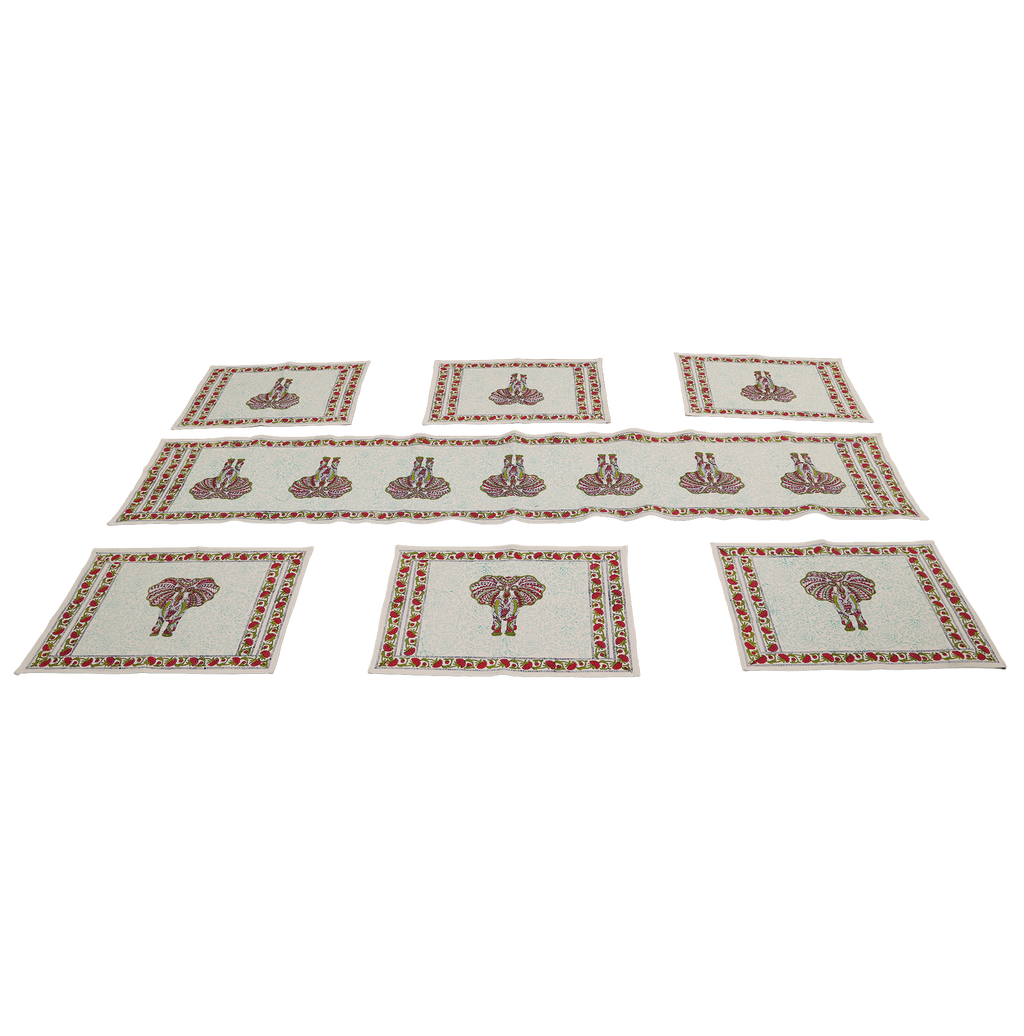 Indha Hand Block Printed Table Runner & Placemat Set – 7-Piece Dining Table Linen Collection
