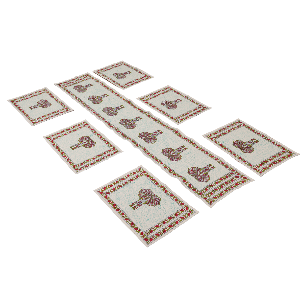 Indha Hand Block Printed Table Runner & Placemat Set – 7-Piece Dining Table Linen Collection