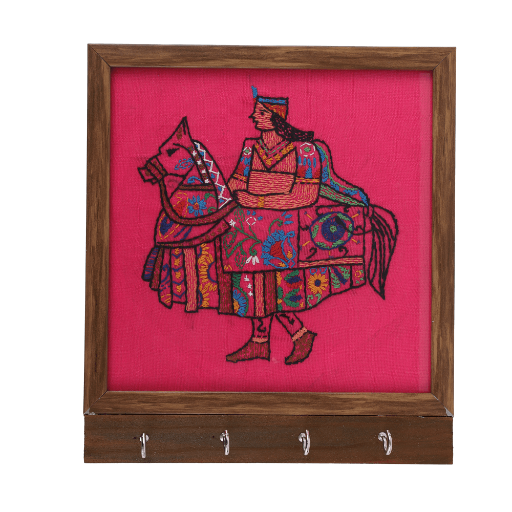 Indha Wooden Wall Mounted Key Holder | Pink Dupion Silk Key Holder | Kachhi Ghodi Embroidered Key Rack | Handmade Kantha Work Indha