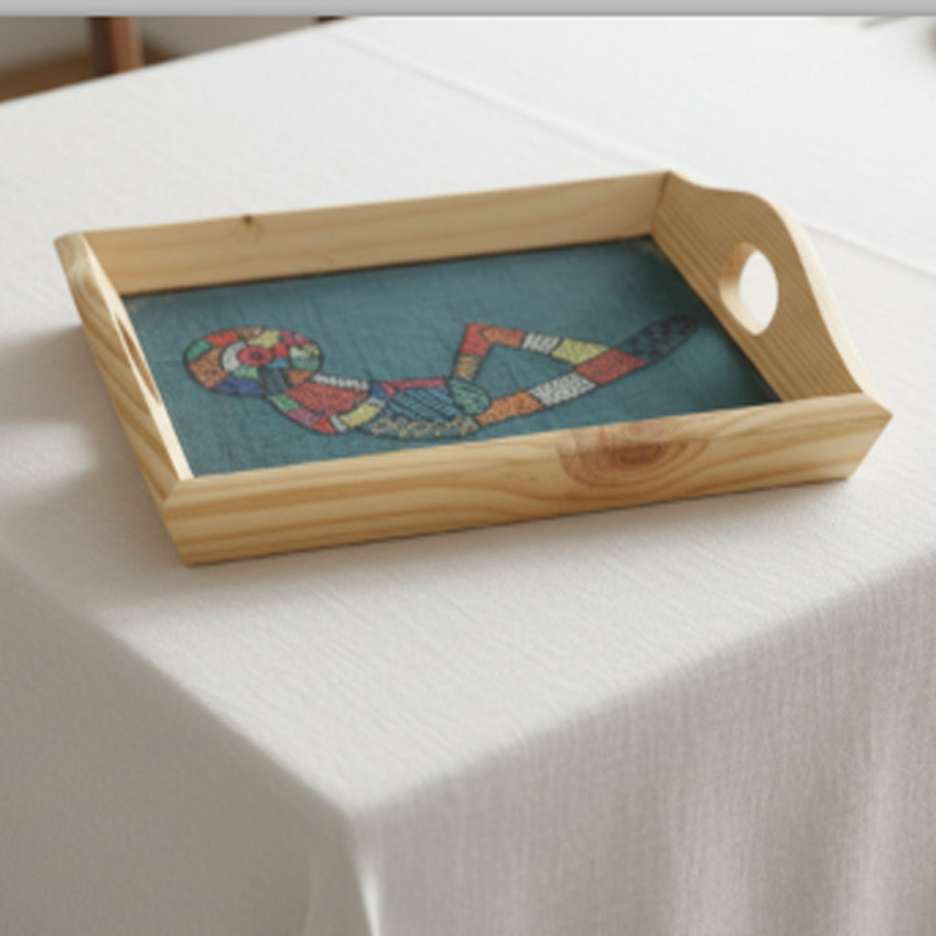 Indha Hand Embroidered Relaxed Alien Motif Pine Wood Tray | Awesome Gift | Quirky | Whimsy Gifting