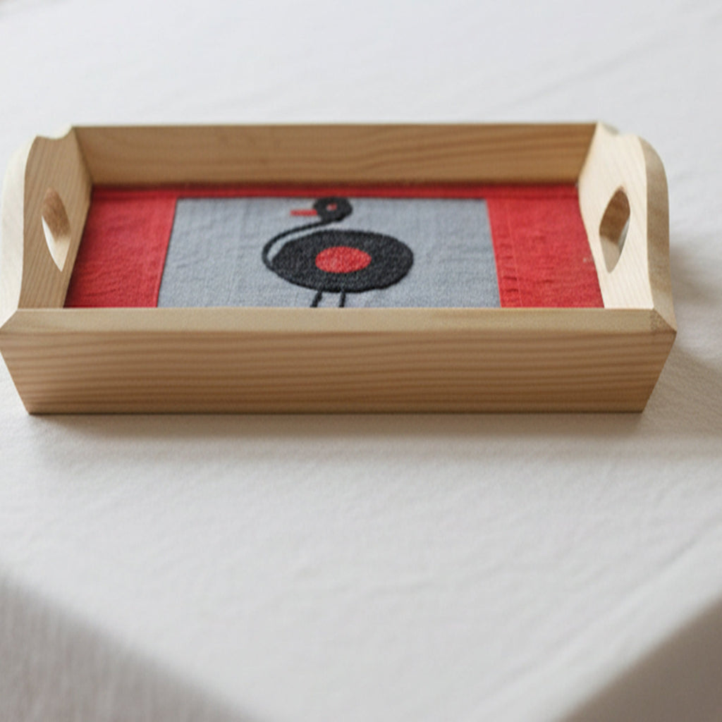 Indha Hand Embroidered Bird Motif Pine Wood Tray| Art Silk | Handmade Gift