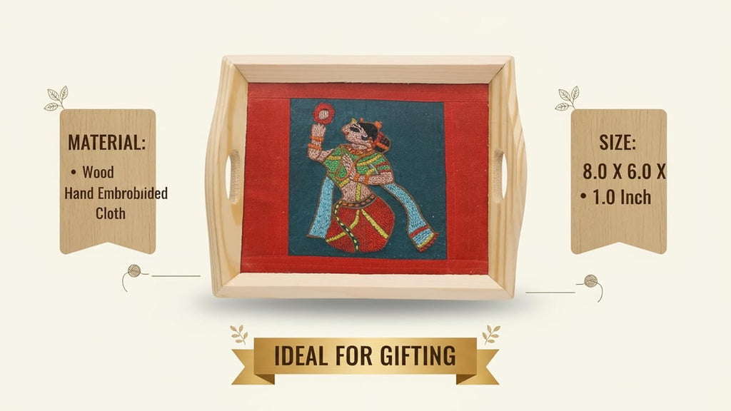 Indha Hand Embroidered Woman with a  Mirror Motif Pine Wood Tray | Décor | Gift for all occassion
