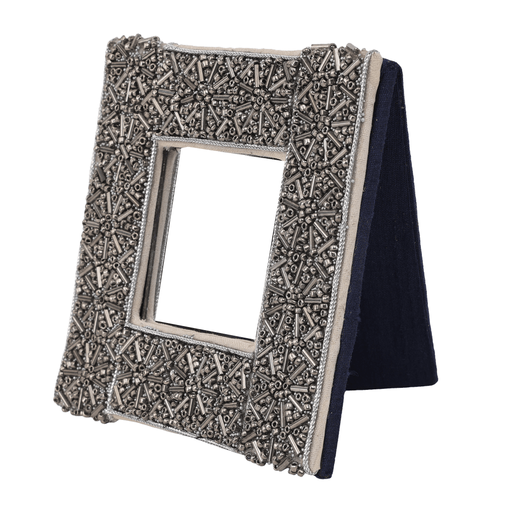 Indha Handcrafted Mirror | Handcrafted Small Mirror | Unique Design Mirror | Small Table Mirror | Decorative Mirror | Silver Glass Beads Mirror | Zardozi Work Embroidery |
