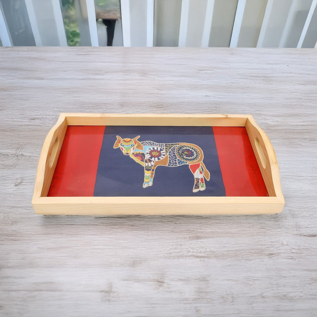 INDHA Pine Wood Serving Tray with Hand-Embroidered Indian Cow Motif | Dupion Silk Decorative Tray | Handmade Coffee Table Tray | Dining Table Utility | Unique Ethnic Gift