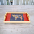 INDHA Pine Wood Serving Tray with Hand-Embroidered Indian Cow Motif | Dupion Silk Decorative Tray | Handmade Coffee Table Tray | Dining Table Utility | Unique Ethnic Gift