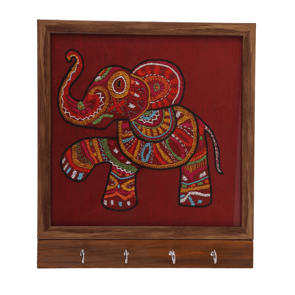 Indha Handcrafted Maroon Dupion Silk Key Holder | Elephant Design Wall Mounted Key Organizer | Hand Embroidered Kantha & Chain Stitch | Wooden Base