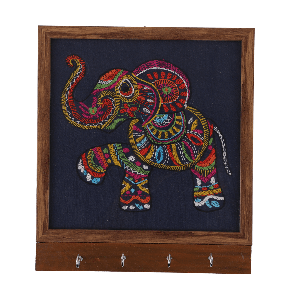 Indha Handcrafted Navy Blue Dupion Silk Key Holder | Elephant Design Wall Mounted Key Organizer | Hand Embroidered Kantha & Chain Stitch | Wooden Base