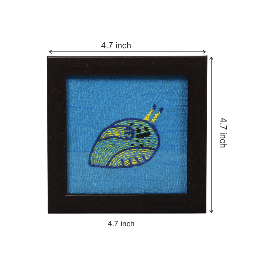 INDHA Snail Design Chain Stitch Hand embroidery On Sky Blue Dupion Silk Wooden Glass Coaster Set | Set Of 2 Glass Coaster | Hand Embroidered Utility Décor | Home Utility | Gifting |