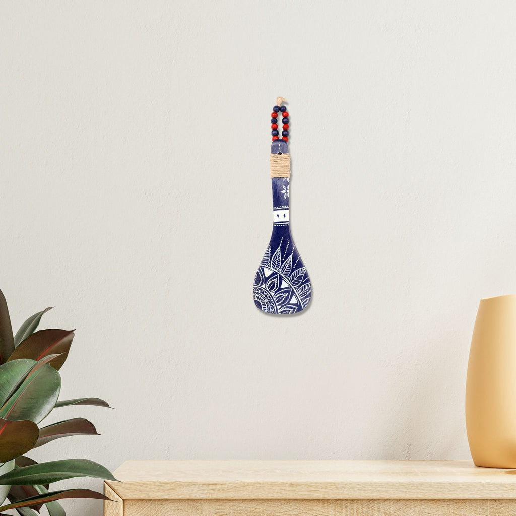Indha Hand-Painted Wooden Spoon Décor | Tribal-Inspired Art | Beads & Jute Detailing | Wooden Wall Accent | Unique Souvenir Gift