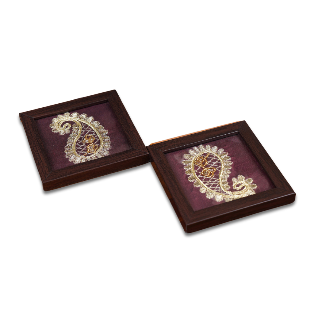 INDHA Hand-Embroidered Ambiya (Paisley) Wooden Glass Coaster Set of 2 with Silver Thread Work | Festive & Corporate Gift