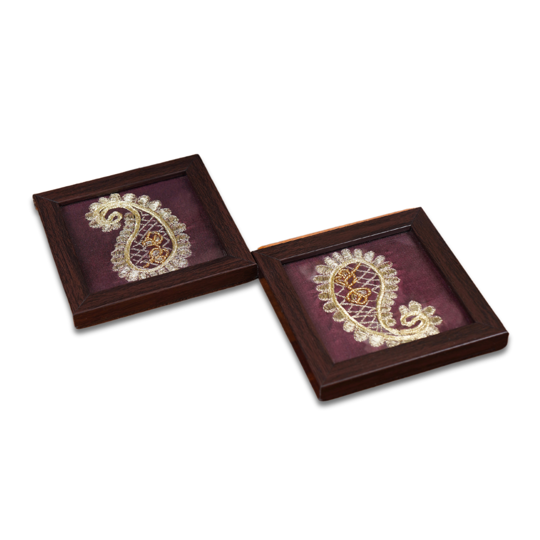 INDHA Hand-Embroidered Ambiya (Paisley) Wooden Glass Coaster Set of 2 with Silver Thread Work | Festive & Corporate Gift