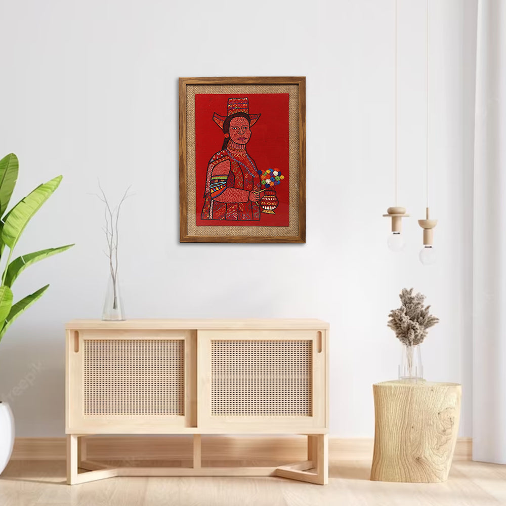 INDHA Hand Embroidered Unique Wall Decor | Multicolor Kantha Work On Red Dupion Silk &amp; Raw Jute Wooden Wall Décor | Ladakhi Tribal | Hand Embroidered Wall Décor | Home Décor | Home Furnishing |