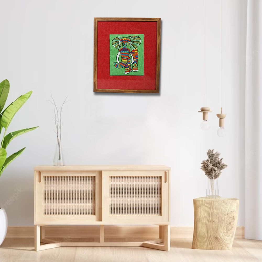 INDHA Elephant Design Hand Embroidered Wall Decor | Multicolor Chain Stitch Work On Green Dupion Silk &amp; Red Jute Wooden Wall Décor | Jute Wall Décor | Hand Embroidered Wall Décor |