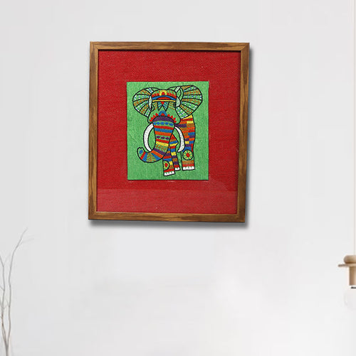 INDHA Elephant Design Hand Embroidered Wall Decor | Multicolor Chain Stitch Work On Green Dupion Silk &amp; Red Jute Wooden Wall Décor | Jute Wall Décor | Hand Embroidered Wall Décor |