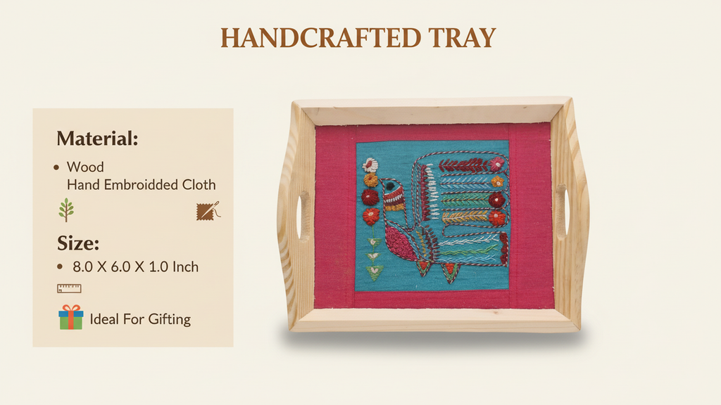 Indha Hand Embroidered Robin Bird Motif | Blue- Pink Dupian Silk | Pine Wood Tray | Gift for all occasions | Artisanal Gift
