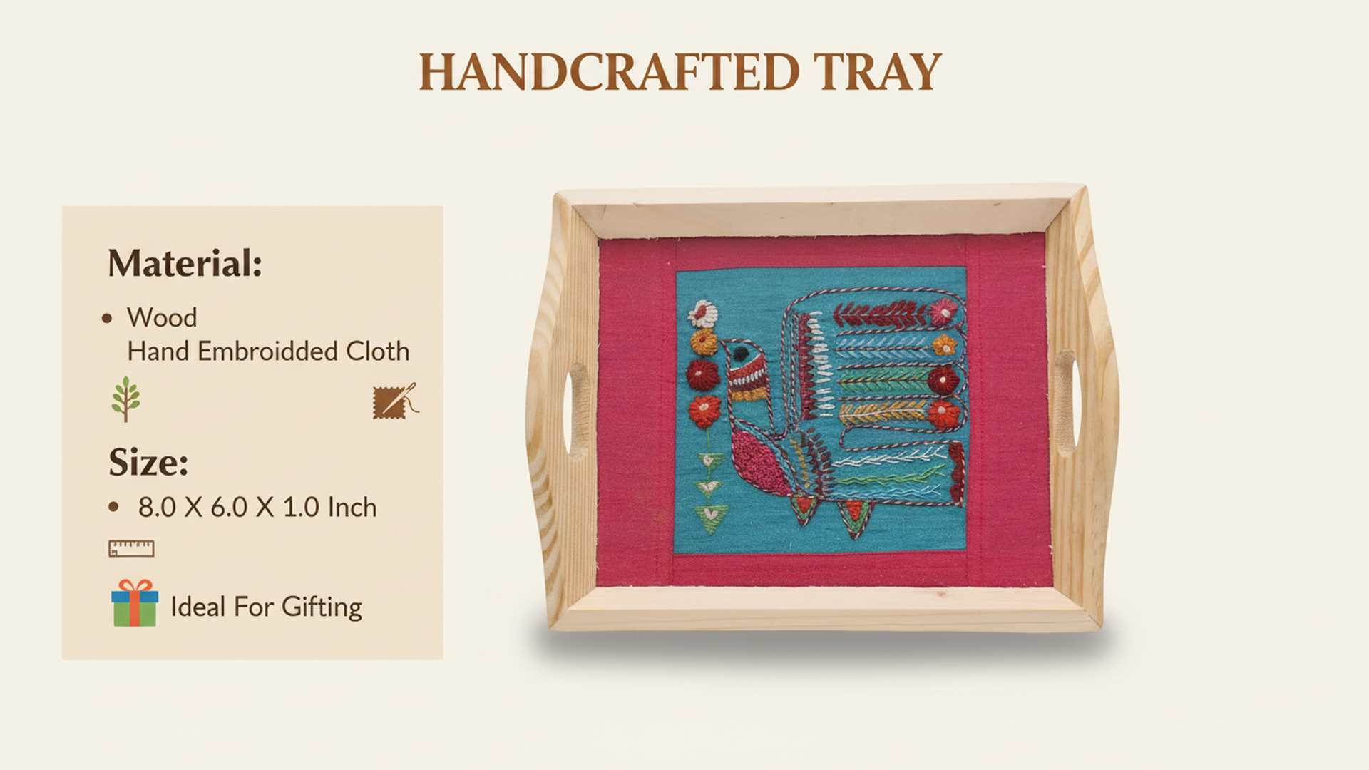 Indha Hand Embroidered Robin Bird Motif | Blue- Pink Dupian Silk | Pine Wood Tray | Gift for all occasions | Artisanal Gift